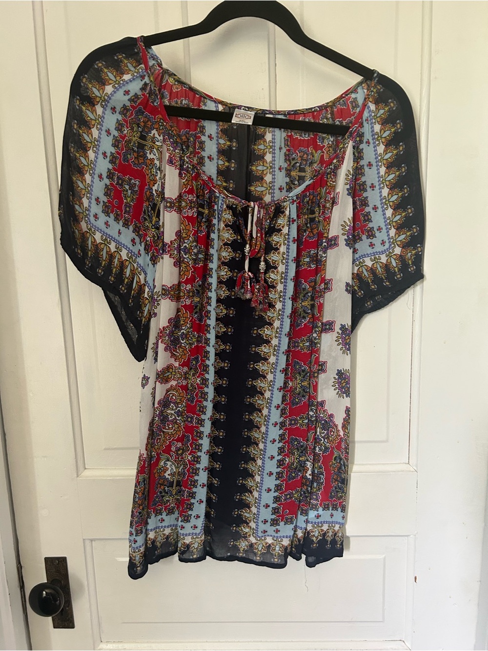 BILA Boho Floral Patterned Peasant Top - Red, Black & Light Blue